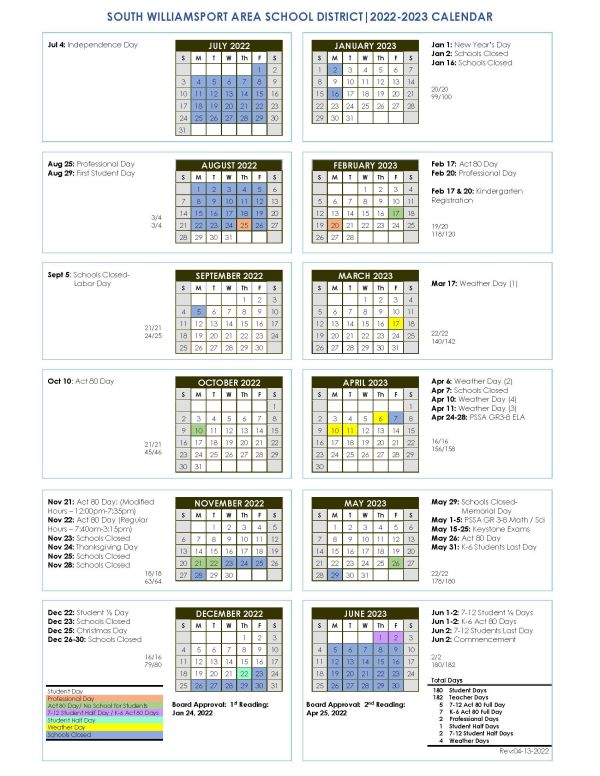 School Calendar South Williamsport Area School District